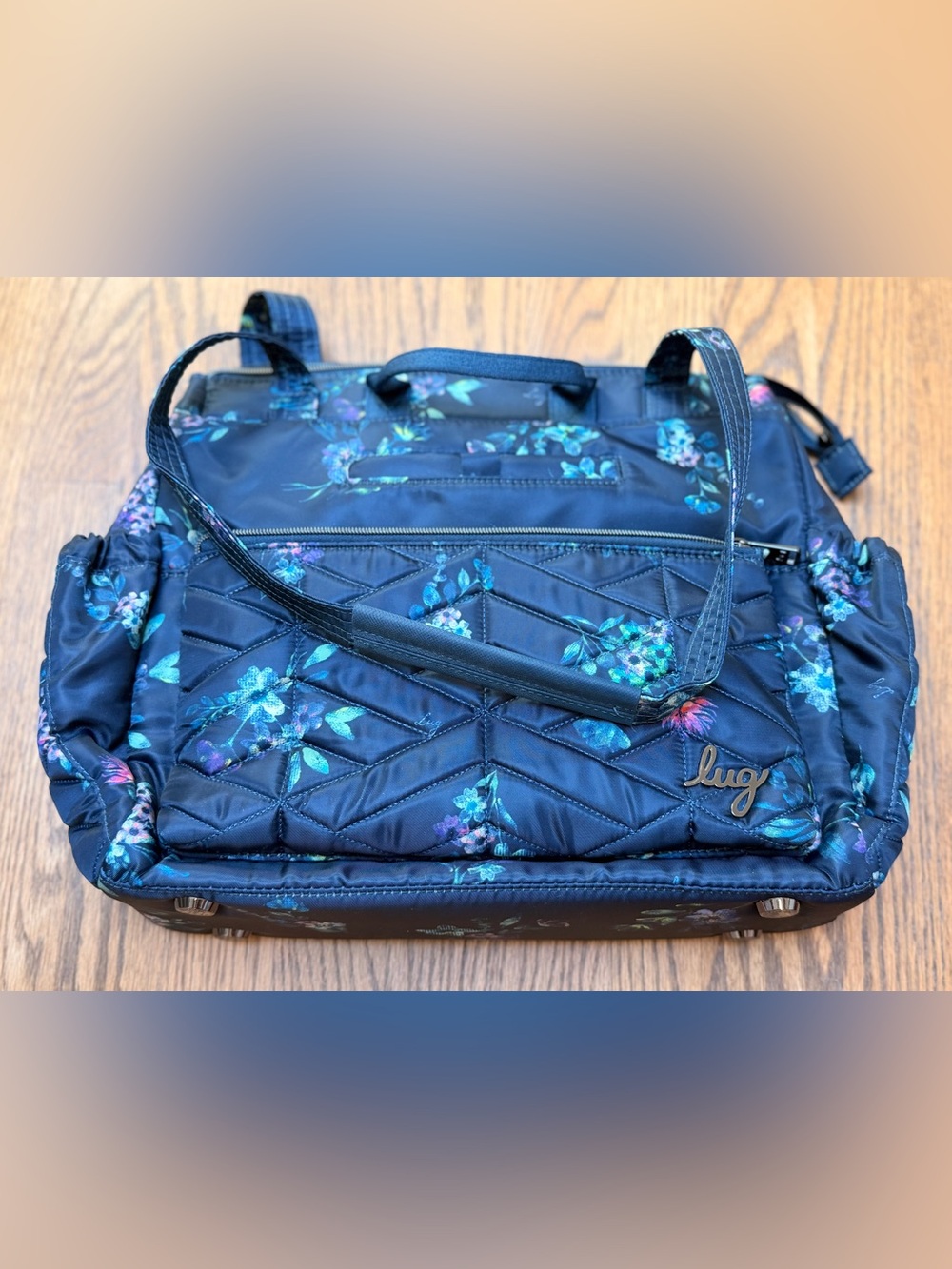 lug Quilted Soprano RFID Travel Tote Bag - Navy with Teal & Purple Accents